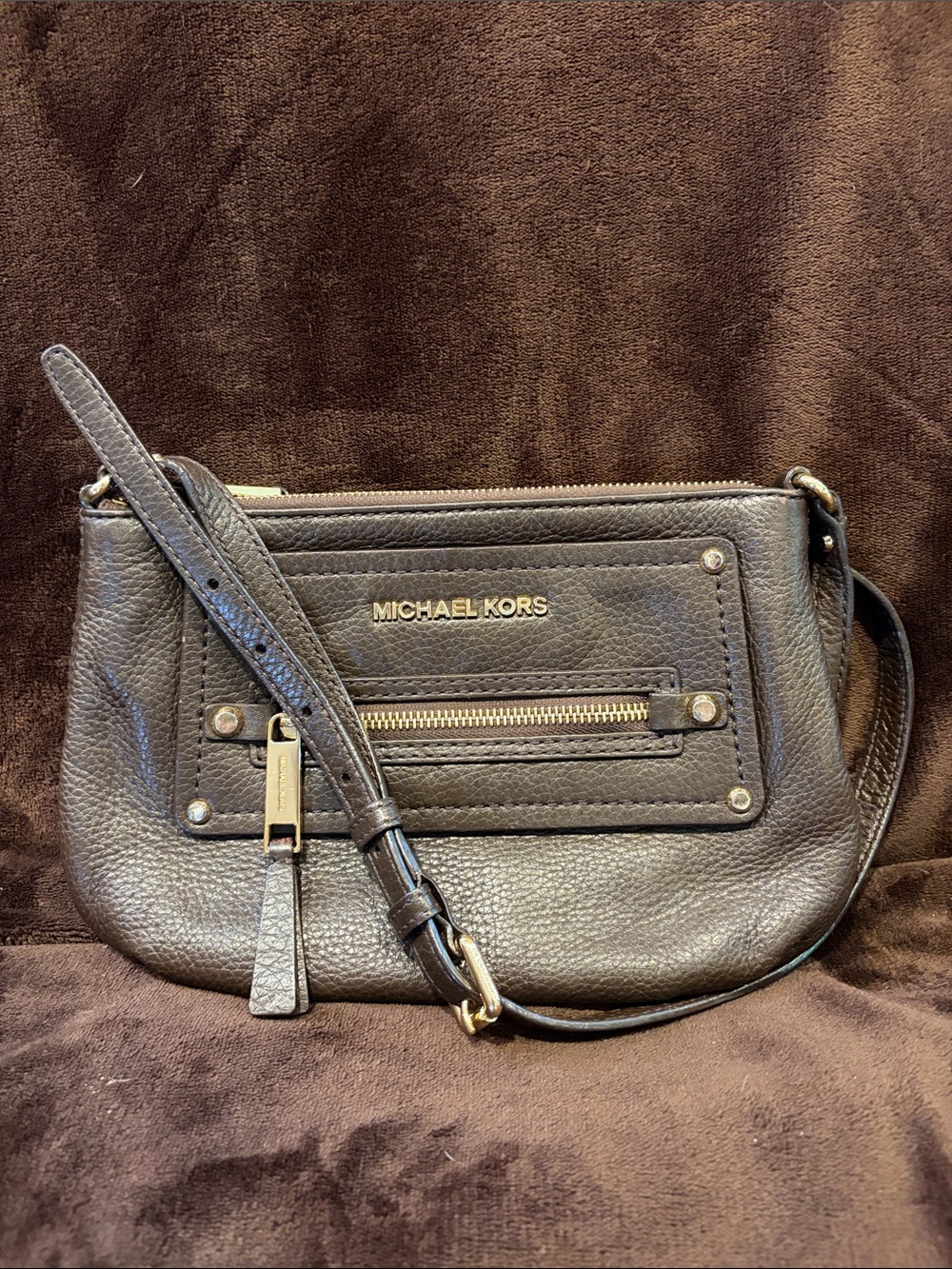 Michael Kors Brown Pebbled Leather Small Crossbody with Gold Hardware